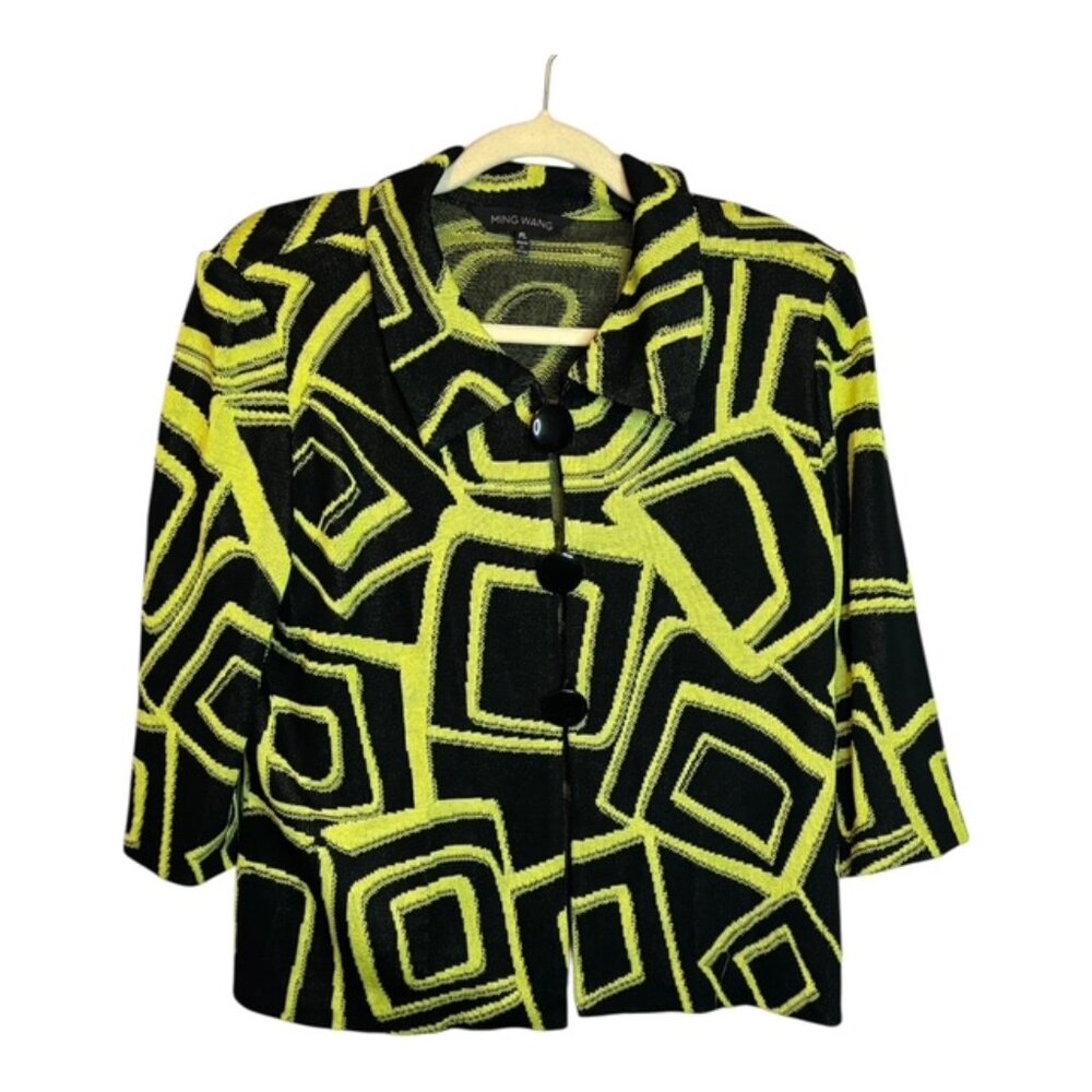 Ming Wang Blazer Women's Size Petite Large Knit Abstract Artsy Black Green Neon‎